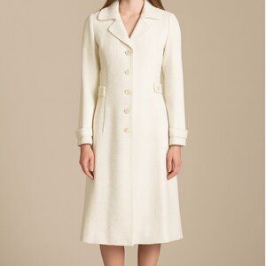Women's Ivory White Woven Textured Full Length Coat - Size M